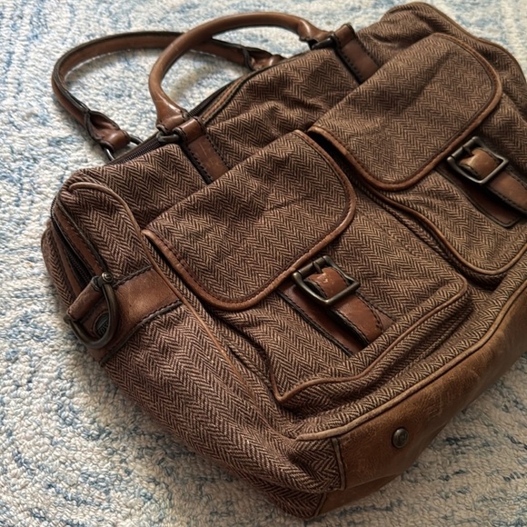 Fossil leather and wool 90s herringbone business attache overnight vintage bag - Picture 2 of 9